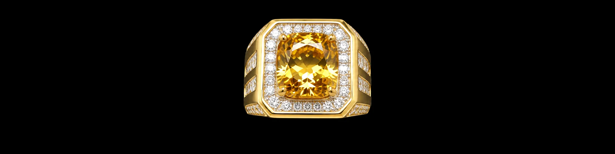 Yellow gold statement ring with a large yellow gemstone and diamond halo